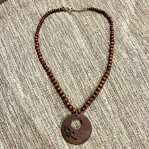 Wooden Beaded Necklace w/ Cut Out Pendant